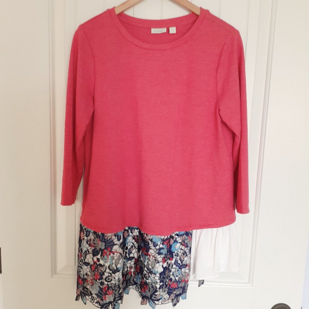 LOGO Lounge by Lori Goldstein French Terry Top w/Poplin Ruffle Hem Pink Size M